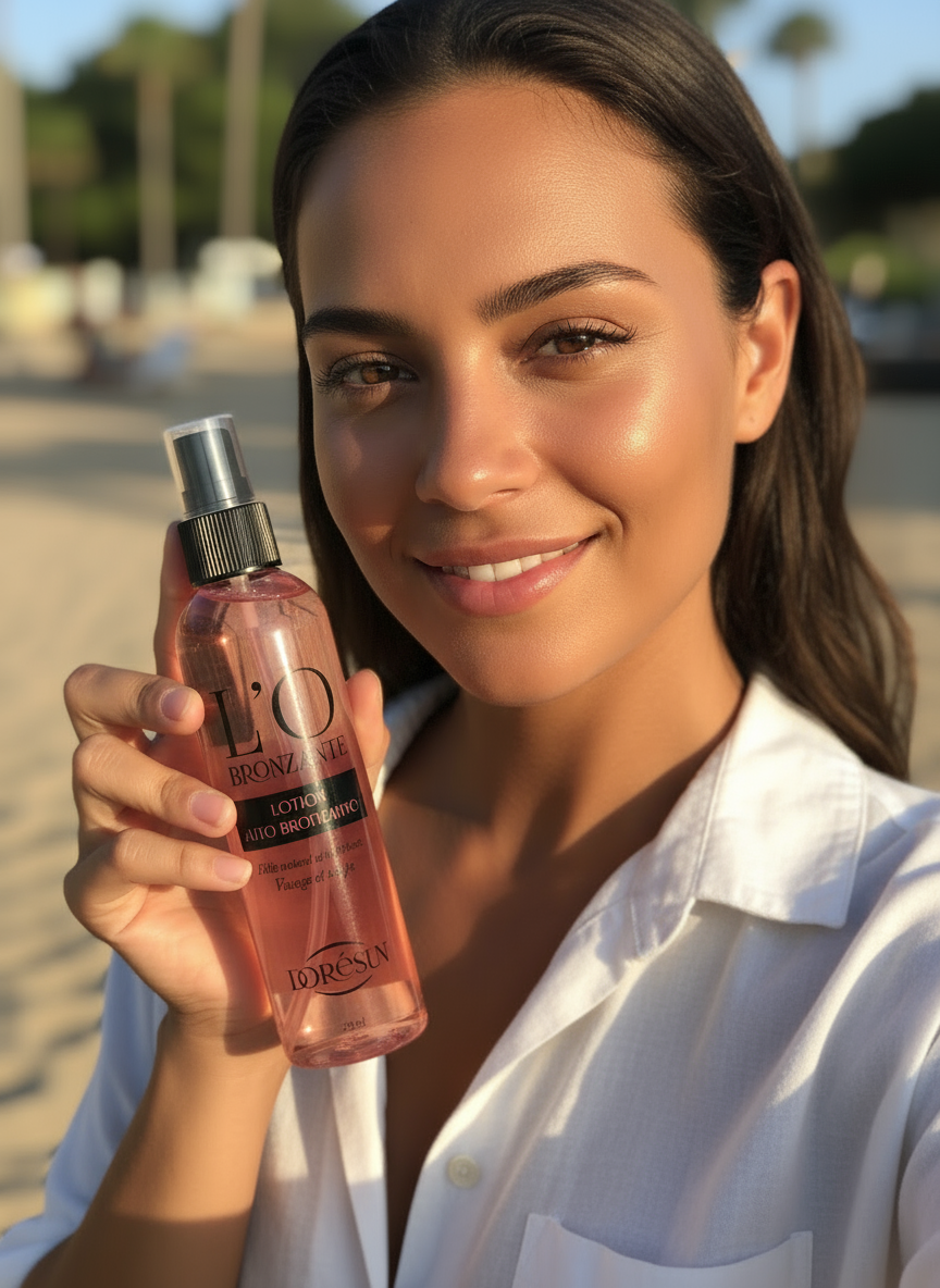 Brume auto-bronzante Dorésun à base d'acide hyaluronique pour un bronzage naturel et uniforme sans soleil. Hydrate la peau et donne un effet bonne mine immédiat.